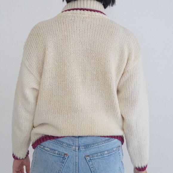 Vintage Clovelly Cream w Maroon Geometric Shape Cable Knit Turtleneck Sweater M - Picture 3 of 10